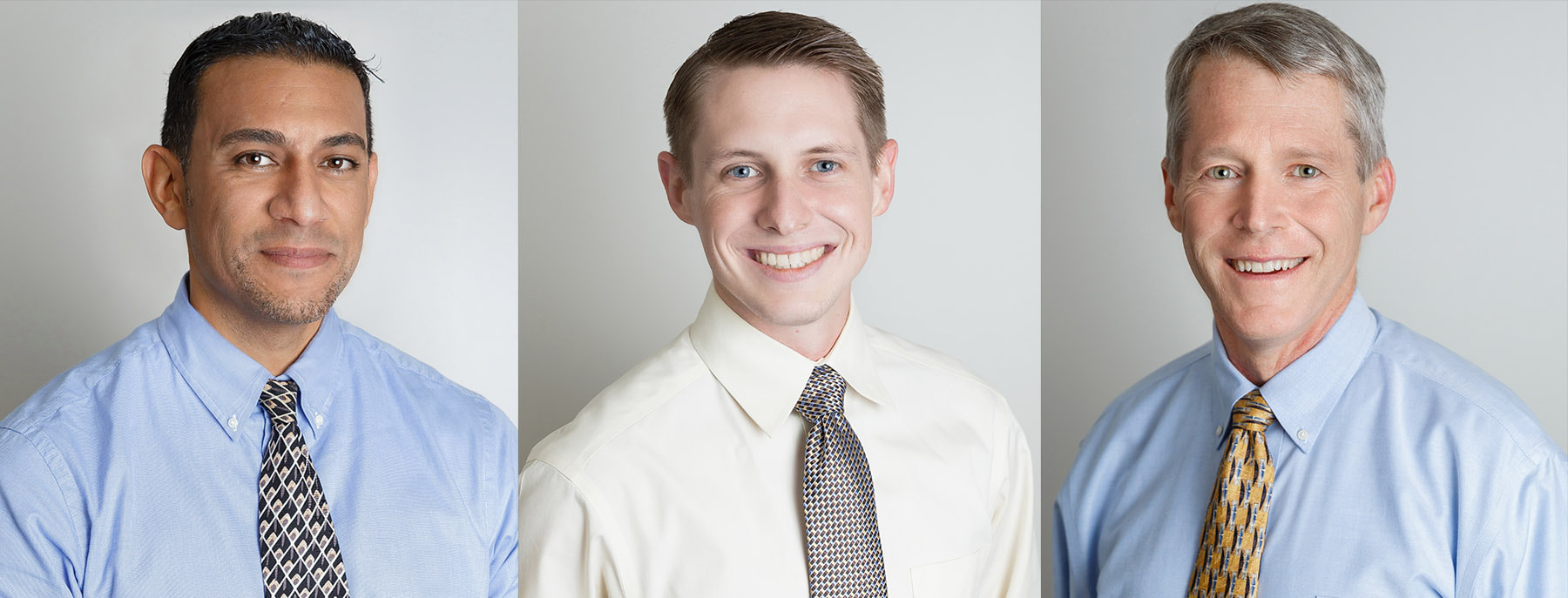 headshot photos of three business managers in business casual attire