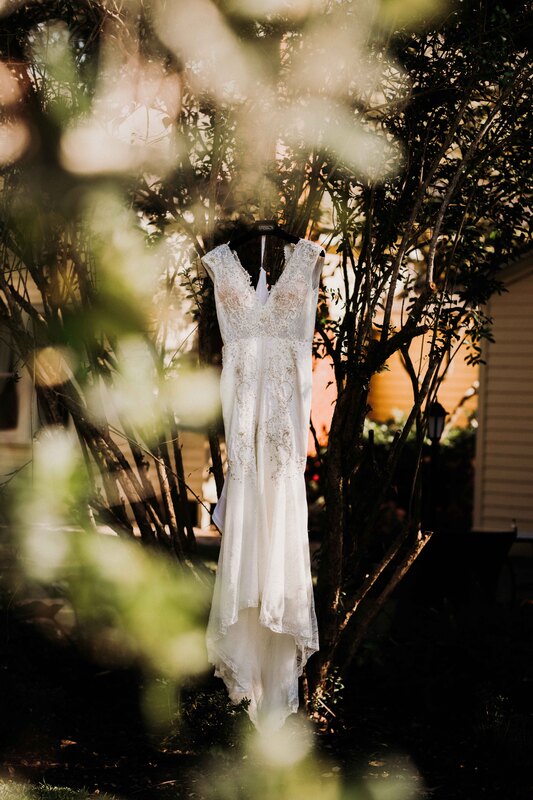 wedding dress hanging from tree